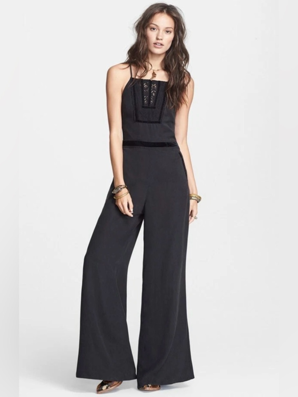 Free People Cross Back Wide Leg Romper Jumpsuit Black Velvet Tux Detailing